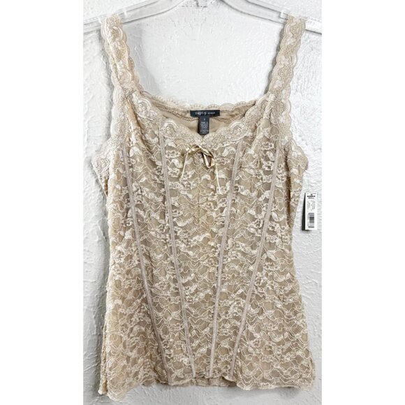 Apt 9 Small Lace Corset Style Tank Tan Boho Romantic Lined Nylon/Spandex NWT - Picture 1 of 10